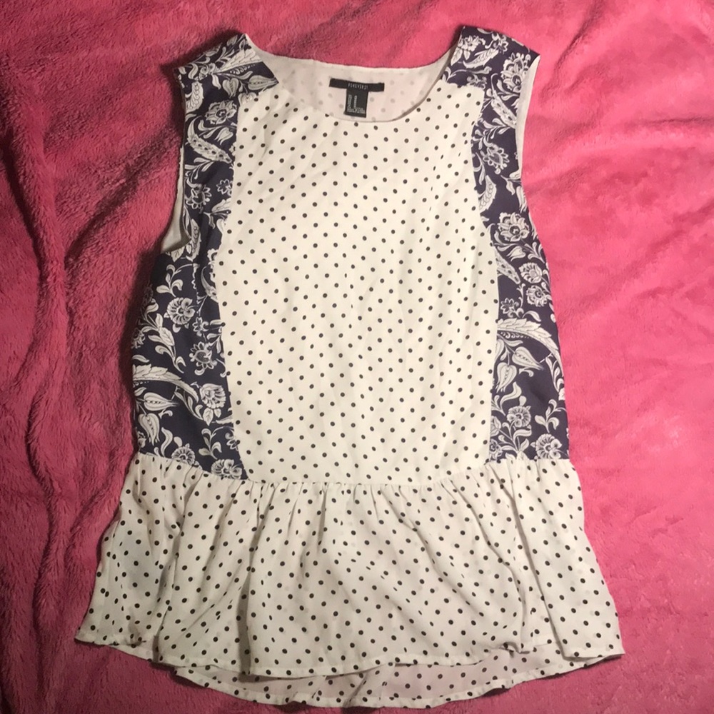 Forever 21 Baby Doll White and Navy Blue Blouse